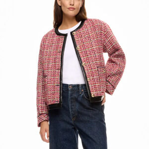 English Factory Pink Tweed Blazer LARGE Boxy Boucle Faux Leather Clueless $210